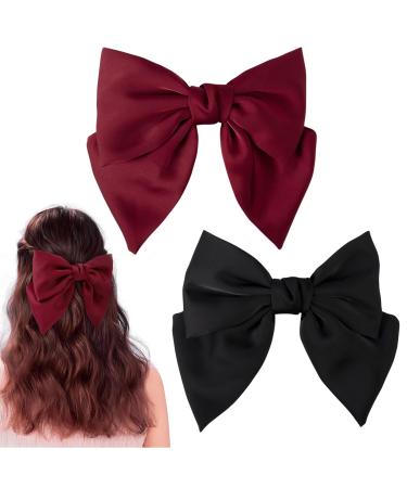Dalababa Bow Hair Clips 2 Pcs Large Hair Bows Silky Satin Ribbon Hair Barrettes French Bowknot Hairpins Hair Accessories For Women Girls (Black & Burgundy) Black burgundy