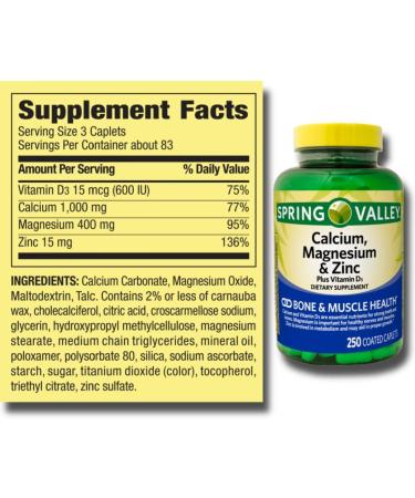 Spring Valley Calcium Magnesium Zinc + Vitamin D3 Caplets | 250ct | Bone, Muscle & Heart Health - Includes Supplement Guide - Buy Online on GoSupps.com