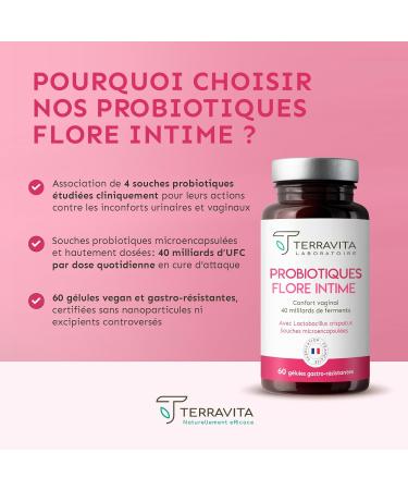 Probiotiques Flore Intime | 4 Souches Brevet es | 40 Milliards d'UFC | Lactobacillus Rhamnosus Reuteri Crispatus Salivarius | 60 G lules V g tales Gastro-r sistantes | Made in France | Terravita - Buy Online on GoSupps.com
