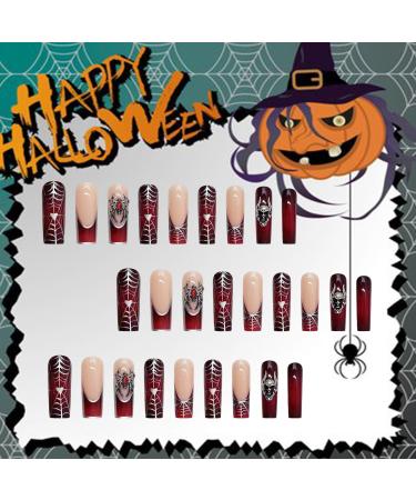 Wine Red Spider Web French Press-On Nails | Halloween Acrylic Coffin Nails with Metal Skeleton Design - Perfect for Women - Buy Online on GoSupps.com