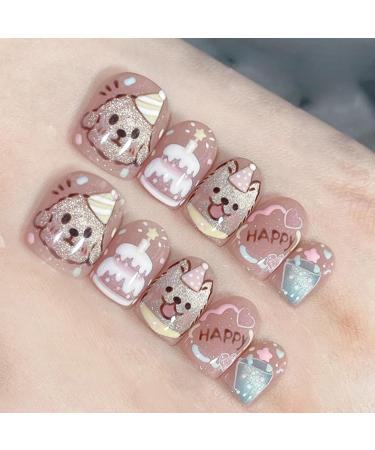 30Pcs Cartoons Puppies Dogs Press on Nails for DIY Manicure Glossy Cat Eye Acrylic Short Square False Nails Gel Glue on Nails Happy Birthday Fake Nails Stick on Nails for Women Girls Cute Dogs Design Design 3