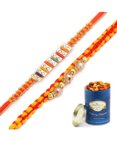 Ghasitaram Gifts Rakhi for Brother Rakhis Online - Set of 2 Glittering Thread and Multicolour Stone Premium Rakhis with 100 GMS of Dryfruits Mix Can