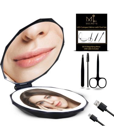M&L Secrets LED Compact Mirror with Light Magnification 1x/5x   3.8 Handheld 2-Sided Rechargeable Small Pocket Mirror for Handbag and Purse with Eyebrow Kit (Black)