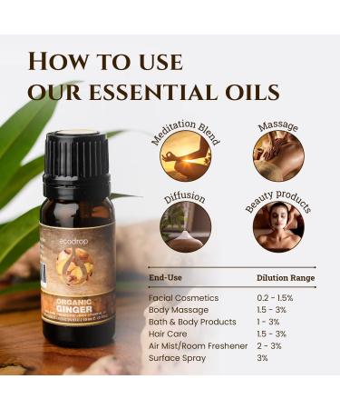 Organic Ginger Essential Oil 10ml by Ecodrop - Therapeutic Grade, Cosmos Certified, Pure Ginger Root Oil for Aromatherapy with Free E-Book - Buy Online on GoSupps.com
