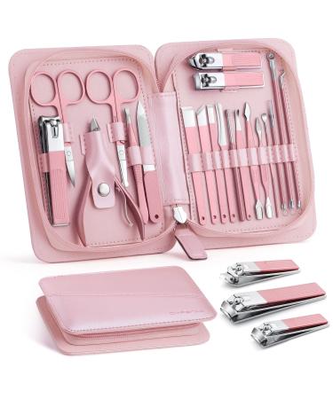Manicure Set Nail Clippers Pedicure Kit 20 in 1 Professional Stainless Steel Hand or Foot Nail Care Tools Set Portable Grooming Kits with Travel Case -Pink