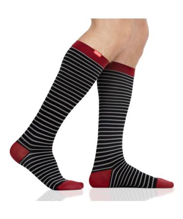 VIM & VIGR 30-40 mmHg Medical Grade Compression Socks for Women & Men (Black & Grey Little Stripe Nylon Medium/Large Wide Calf (5)) Black & Grey Little Stripe 5