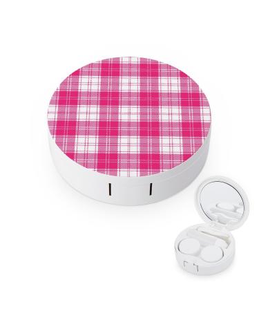 Pink and White Tartan Plaid Contact Lens Case Travel Portable Travel Contact Lens Box with Mirror