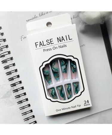 24Pcs Long Green Marble Coffin Press on Nails with Gold Foil Designs - Glossy False Nails for Women & Girls - Buy Online on GoSupps.com