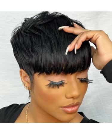 YOUKNOWIG Short Human Hair Wigs For Black Women Pixie Cut Wig Human Hair Short Bob Wig Full Machine Made Glueless Wigs Pixie Human Hair Wig With Bangs For Daily Use Natural Black Color