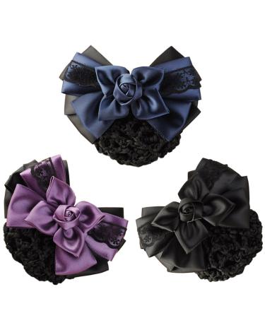 LiveZone (Pack of 3) Women Hair Bun Cover Net Snood Hairnet Bowknot Decor Barrette Hair Clip Bow Lace Flower Hair Accessories 3 Color-Black & Blue & Purple