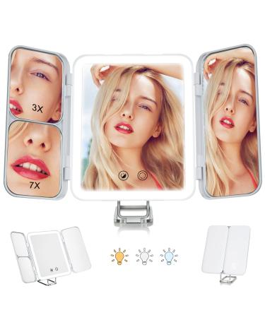 Nuoya LED Lighted Rechargeable Makeup Mirror 1X/3X/7X Magnification Trifold Lighted Vanity Makeup Mirror with 64 LED Beads & Touch Screen Dimming 180 Adjustable Stand for Countertop Travel Bathroom