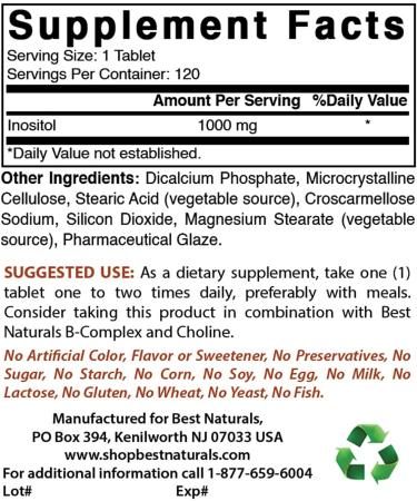 Best Naturals Inositol 1000mg 120 Tablets - Vitamin B8 Supplement for Healthy Living - Buy Online on GoSupps.com