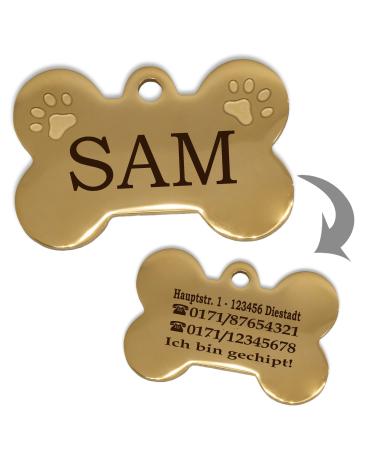Ibera Gifts - Personalized pendants for medium -sized to large to large dogs and cats in bone shape with paw - engraving dog brand collar dog neck band Name personalized dog address trailer gold large 2 paws