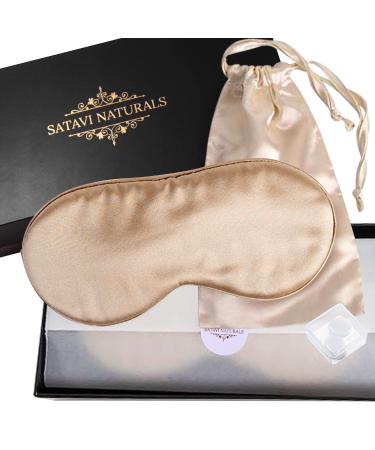 Satavi Naturals Organic Mulberry Soft Silk Eye Mask for Sleeping with Ear Plugs & Luxury Bag - Cooling Night Eye Covers Face Mask for Women - Blindfold Travel Eye Mask Blocking Out Light - Champagne