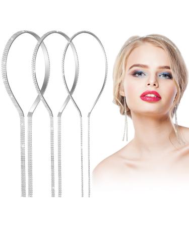 BBTO 3 Pieces 1/2/3 Row Crystal Rhinestone Headband Tassel Hair Jewelry for Wedding Elegant Fake Earrings Chain Bridal Party Hoops Tassels Accessories Women Girls 1.0 Count
