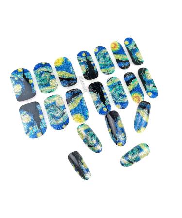 Van Gogh's Starry Sky Gel Nail Stickers Starry Night Full Wraps Brighter Nail Polish Strips Waterproof Self-Adhesive 28 Tips Shinny Glitter Nail Polish Stickers Decals Set for Women Girls(No UV/LED Lamp Required)