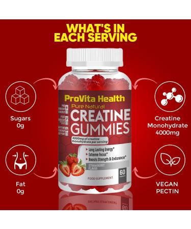 Creatine Monohydrate Gummies 4000mg - 60 Chewable Strawberry Flavoured for Pre Workout | Men & Women | Gym Supplement | Keto Vegan | 1 Month Supply - Buy Online on GoSupps.com