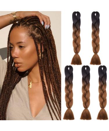 SEGO 5 Pieces Hair Braid Extensions Ombre Colors Braiding Hair Extensions Crochet 2 Tones 24" Black & Brown