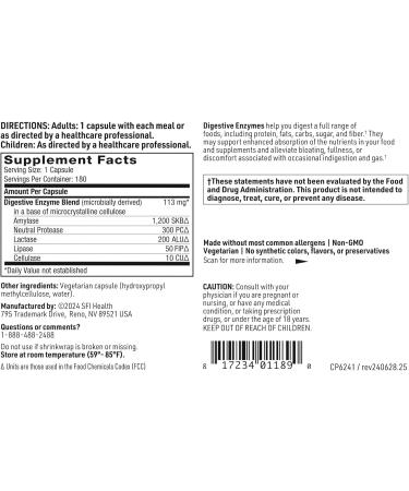 Klaire Labs SFI Health Digestive Enzymes - Gut Health Supplements with Lipase, Amylase & Protease Enzymes for Digestion - Aid Nutrient Absorption - Help Occasional GI Discomfort (180 Capsules) - Buy Online on GoSupps.com