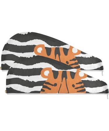 Super Absorbent Tiger Striped Hair Towel 2 Pack | Quick Dry Hair Turbans with Button Wrap for Women & Girls - Buy Online on GoSupps.com