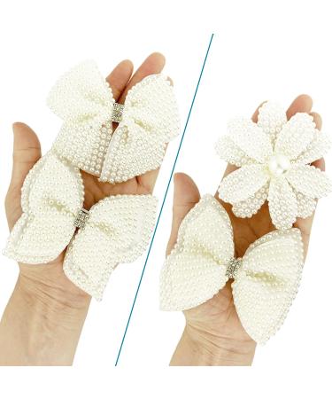 White Pearl Hair Bows Set - Elegant Flower Rhinestone Hair Clips for Girls, Teens, and Women - Buy Online on GoSupps.com
