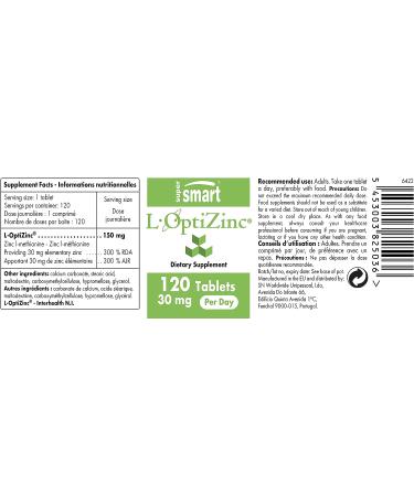 Supersmart L-OptiZinc 30mg: Bioavailable Zinc Methionine Supplement for Acne & Immune Health - 120 Tablets - Buy Online on GoSupps.com