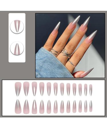 Justotry 24 Pcs Pearl Stiletto Fake Nails - Gradient Grey French Press on Nails for Women - Acrylic Extra Long False Nails with Glue - Nail Art - Buy Online on GoSupps.com