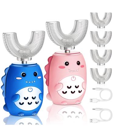 Suclain 2 Pcs Kids Electric Toothbrushes U Shaped Ultrasonic Toothbrush Rechargeable Toddler with 4 Brush Heads Waterproof Cartoon Dinosaur for Baby Age 2-12, 5 Clean Modes (Pink, Blue) Blue,pink
