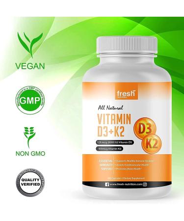 Plant Based Vegan Vitamin D3 + K2 Supplement - 5000iu/125mcg - Non GMO Gluten Free - 90 Capsules for 3 Month Supply - Optimal Absorption Formula for Adults - Buy Online on GoSupps.com