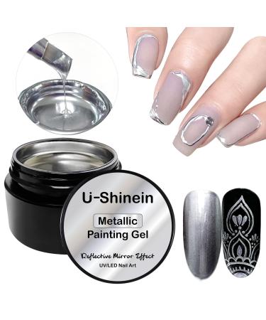 8ml Metallic Painting Gel Silver Painted Nail Polish 3D Metal Painting Drawing Mirror Nail Gel Polish Glossy Soak Off UV/LED DIY Nail Art Manicure Mirror Silver