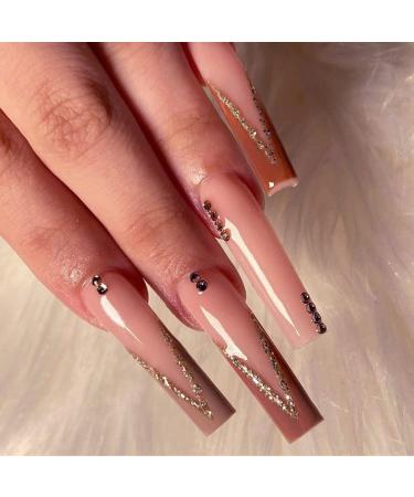 YOSOMK 3D Rhinestones French Tip Long Press on Nails with Designs Enchanting Ombre False Fake Nails Acrylic Nails Press On Coffin Artificial Nails for Women Stick on Nails With Glue on Static nails B2
