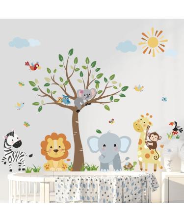 decalmile Jungle Animals Wall Decals Monkey Tree Elephant Lion Giraffe Wall Stickers Baby Nursery Kids Room Living Room Wall Decor