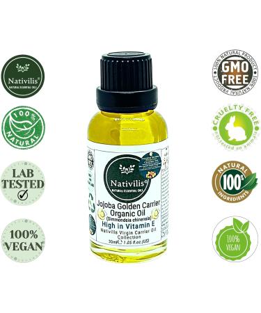 Nativilis Organic Jojoba Golden Carrier Oil (Simmondsia chinensis) Hair Face & Skin Natural Cold Pressed - Humectant Ingredient - Non-comedogenic Acne-Prone Cleanser Moisturizer Antioxidant Copaiba - Buy Online on GoSupps.com