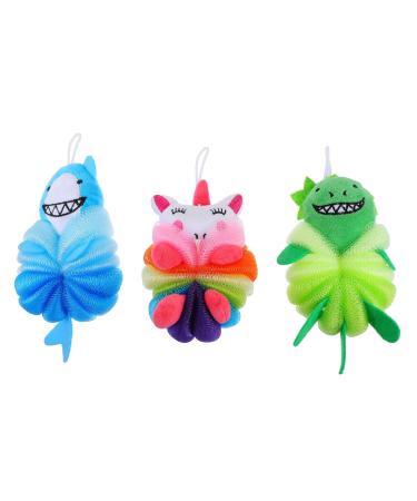 Kisangel 3 Pieces Animal Bath Loofahs Kids Body Loofahs Cartoon Shower Loofahs Cute Bath Pouf Body Scrubbers Mesh Loofah for Children Shower Baby Washing Exfoliating