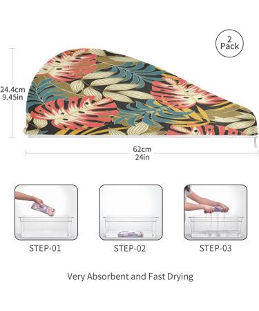 Tropical Leaves Dry Hair Cap & Quick Drying Towel Set - Super Absorbent Soft Comfortable | 2-Piece with Button Headband - Buy Online on GoSupps.com