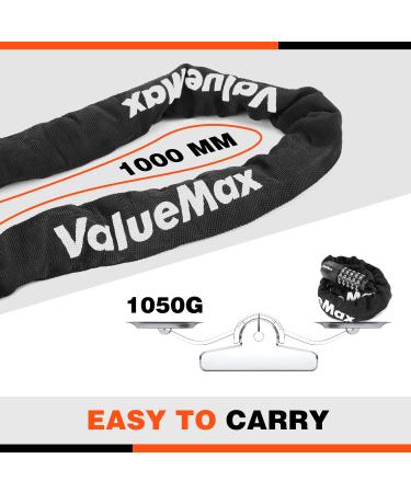 Valuemax Bicycle Lock - 100cm Chain Lock with 5-Digit Resettable Number Code | 8mm Thick Hardened Steel | Secure for Bicycles E-Bikes Motorcycles & Glass Doors - Black - Buy Online on GoSupps.com