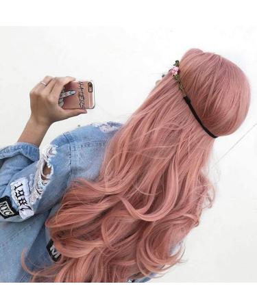 Xingyu 22 Inches Rose Gold Pink Synthetic Lace Front Wigs for Women Wavy Hair Pastel Pink High Temperature Long Hair for Women Replacement Wigs Sunny Hair Natural Looking for Party