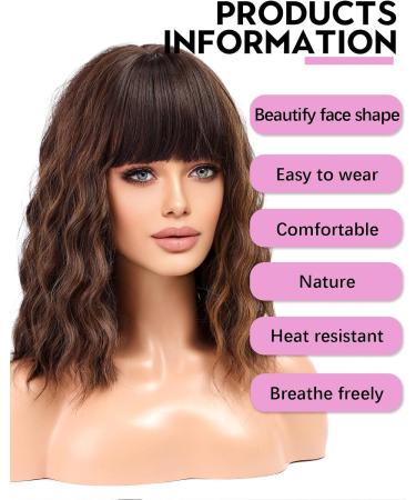 WOKESTAR Brown Curly Wavy Bob Wig with Neat Fringe and Highlights - Synthetic Wigs for Women - Buy Online on GoSupps.com