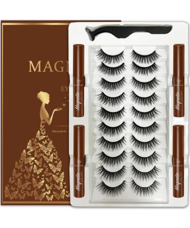 Magnetic Eyelashes with Eyeliner Kit - Magnetic Lashes Natural Looking Upgraded Long Lasting 10 Pairs 3D Reusable 5 Magnet False Eyelashes with Applicator Easy to Apply 4 Brown liner