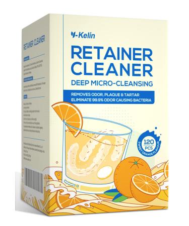 Y-Kelin Retainer and Denture Cleaner 120 Tablets for 4 Months Removes Stains Plaque Odors for Dentures Retainers Invisalign Aligners Mouth Guard and Removable Dental Appliances (Apple, 120 PCS) Orange 120 PCS