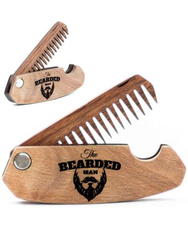 Wooden Beard Comb for Men Folding Pocket Comb for Moustache Beard & Hair Walnut Combs with the Engraving (Bearded Man)