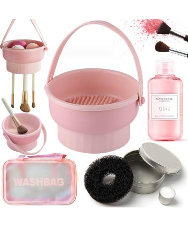 3-in-1 makeup brush cleaning mat multifunctional drying basket with handle silicone cleaner matt cleaner sponge 150ml professional make-up brush cleaner (pink)