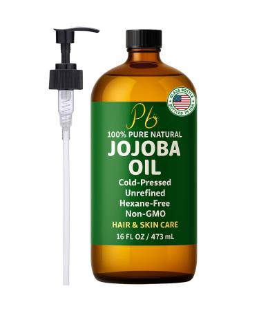 Jojoba Oil 16 fl oz Glass Bottle with Pump Cold-Pressed Unrefined & Hexane-Free Jojoba Oil for Hair Skin & Face Natural Moisturizer & Lightweight Carrier Oil for Essential Oils & Massage