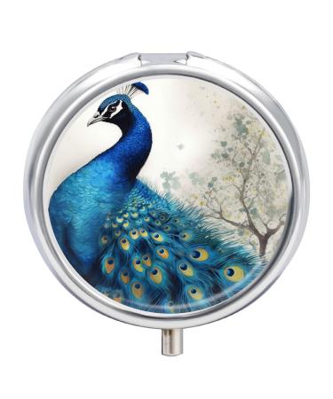 Round Pill Box Blue Peacock Print 3 Compartment Medicine Pill Case Print Pill Organizer Decorative Metal Portable Pill Box Pocket Pill Box Style