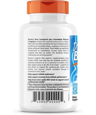 Doctorâ€™s Best L-Arginine 500 mg - Sustained & Immediate Release, 120 Bilayer Tablets - Buy Online on GoSupps.com