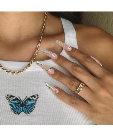 Long Coffin Fake Nails - Nude with Golden Fissure Design - Glossy Stick-On Nails for Women - Buy Online on GoSupps.com