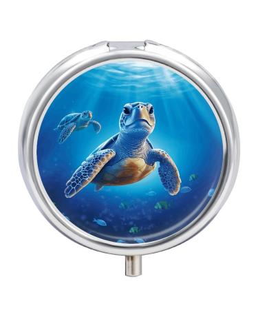 Round Pill Box Turtle in Blue Water Print 3 Compartment Medicine Pill Case Print Pill Organizer Decorative Metal Portable Pill Box Pocket Pill Box Style-1