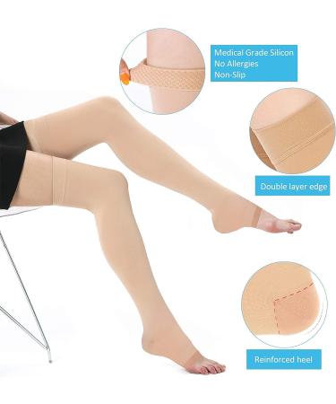 20-30 mmhg Compression Stockings Thigh High - Beige Large (1 Pair) | Open Toe Support Hose for Varicose Veins | Non-Slide Silicone Band - Buy Online on GoSupps.com