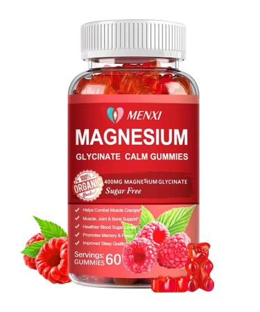 Magnesium Gummies 600mg per Serving-Magnesium Glycinate 400mg and Magnesium L-Threonate 200mg Sugar Free Magnesium Potassium Supplement for Calm Mood Muscle Bone & Sleep Support 60 Raspberry Gummies 60 Count (Pack of 1)