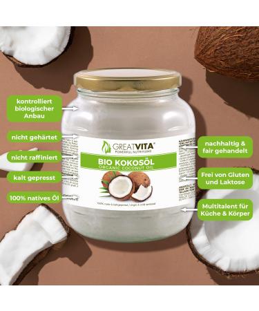 GreatVita Organic Virgin Coconut Oil 1000ml - Premium Glass Jar for Cooking Baking Skin & Hair Care - Buy Online on GoSupps.com